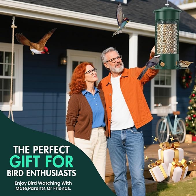 Metal Squirrel Proof Bird Feeders for Outdoors Hanging,Weight-Activated Large Capacity Feeder for Wild Finch, Cardinal,Blue Jay, Chickadee, Weatherproof and Durable 4 Perches,Green-VerdiqueGarden