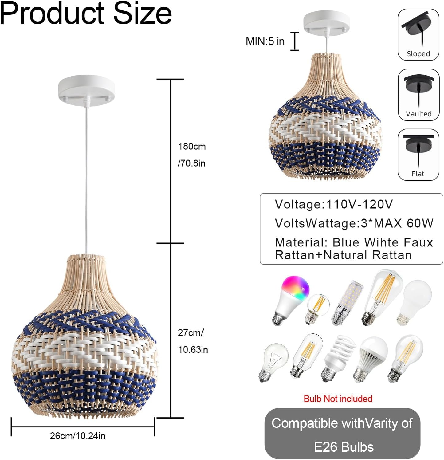 3-Pack Rattan Pendant Light Fixture 10.24" Blue White Hand-Woven Basket Fax Rattan Chandelier Boho Mini Wicker Hanging Lamp for Dining Living Bedroom Kitchen Farmhouse-VerdiqueGarden