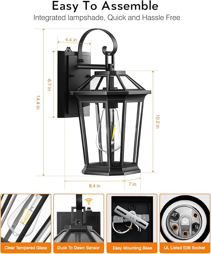 VIANIS Dusk to Dawn Outdoor Wall Lighting, Exterior Light Fixture Wall Mount for House Front Porch Light, Black Anti-Rust Aluminium Modern Outside Coach Lantern with Tempered Glass Shade for Garage-VerdiqueGarden