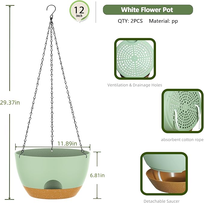 12 Inch Hanging Baskets 2 PC with Chains, Self-Watering Hanging Planters for Indoor Outdoor Plants, Plastic Hanging Flower Pots,Green Brown-VerdiqueGarden