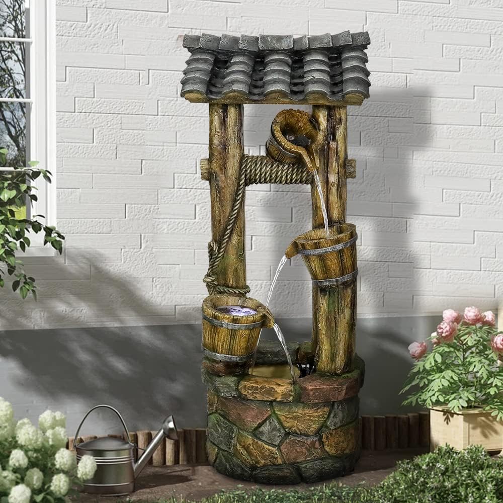 Wishing Well Water Fountain, 39.3inches Rustic Outdoor Water Fountains - Outdoor Cascading Waterfall with Buckets, Pump & Lights for Backyard Patio Decor-VerdiqueGarden