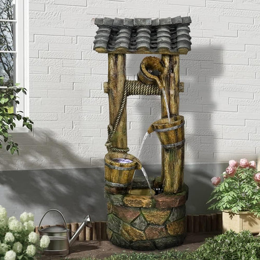 Wishing Well Water Fountain, 39.3inches Rustic Outdoor Water Fountains - Outdoor Cascading Waterfall with Buckets, Pump & Lights for Backyard Patio Decor-VerdiqueGarden