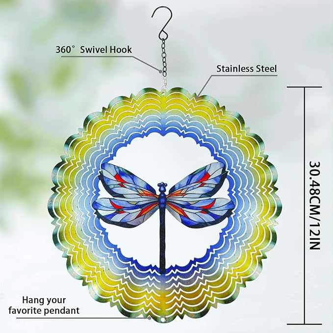 Dragonfly Metal Wind Spinners - Hanging Dragonfly Wind Spinner for Outdoor & Indoor Decorations, Dragonfly Gifts for Women Mom Grandma Wife, 12 inch 3D Wind Spinner for Ornament Gifts-VerdiqueGarden