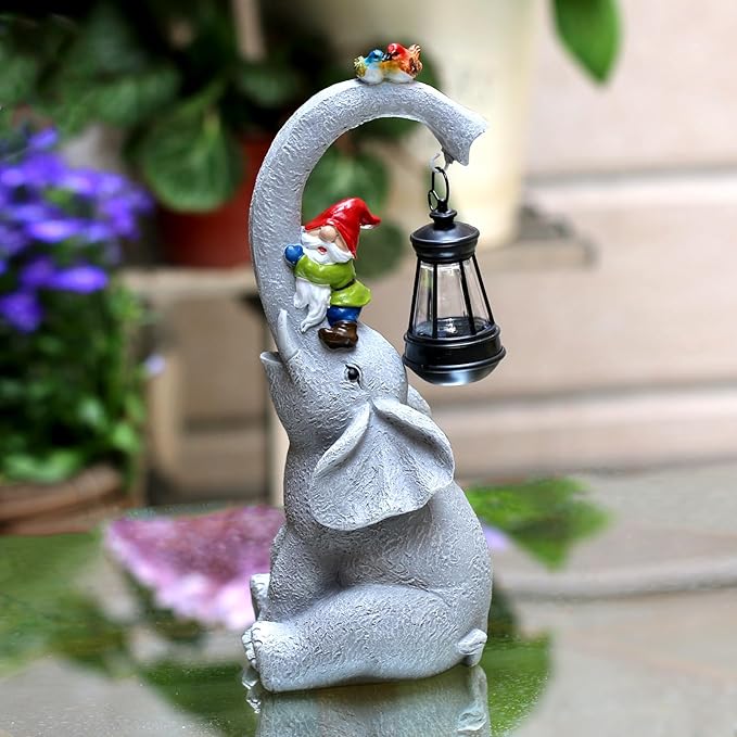 Elephant Statues Garden Decor - Lucky Elephant Outdoor Statues with Solar Powered Lantern, Elephant Statue Gifts for Women,Resin Yard Art for Outdoor & Home Decor(11" Elephant)-VerdiqueGarden