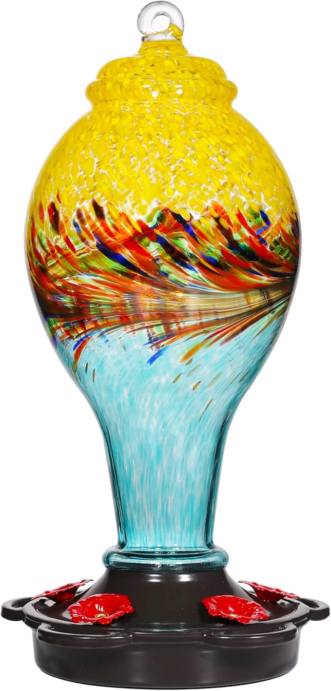 LUJII Hand Blown Glass Hummingbird Feeder for Outdoors with Ant Moat, Leak Proof & Rustproof, 25 fl.oz, Metal Base Cover with 5 Feeding Ports & Perches, Glass Art for Garden Decor (Blue Mixed Yellow)-VerdiqueGarden
