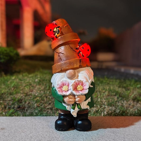 Garden Gnome Statues Outdoor Decor, Solar Gnomes with LED Lighted Flowers, Solar Resin Outdoor Statue Sculpture, for Woman Gift Home and Garden Decor-VerdiqueGarden