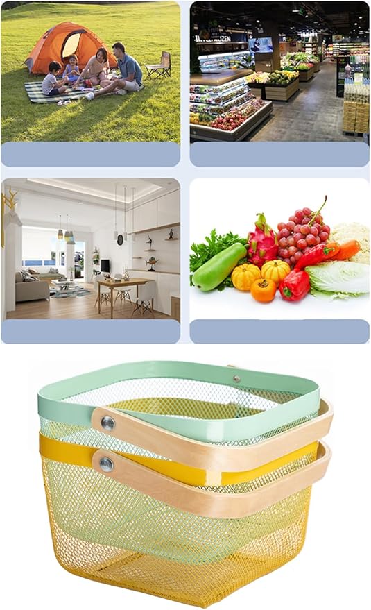 Metal Mesh Steel Basket, Storage Organizer Basket Multi-functional Hanging Kitchen Baskets Fruit Basket with Wooden Handle for Kitchen Bathroom Picnic Shopping Decor Cabinet Home, Macaron Blue-VerdiqueGarden