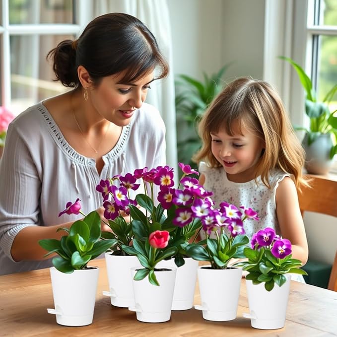 12 Pack 4 Inch Self Watering Plant Pots with Drainage and Saucers，Plastic Flower Pots for Indoor and Outdoor Plants, Nursery Planters for Houseplants and Herbs White, 4 inch 12pcs-VerdiqueGarden