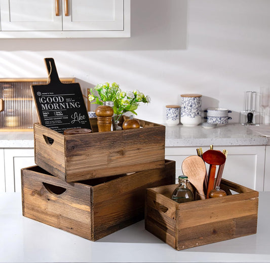 TIMRIS Set of 3 Rustic Distressed Wood Nesting Crates, Farmhouse Decorative Wooden Storage Boxes, Vintage Reclaimed Wood Baskets for Display (Natural)-VerdiqueGarden