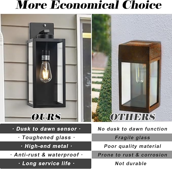 16-inch Dusk to Dawn Outdoor Wall Light Fixture, Large Black Exterior Wall Lantern Waterproof, Farmhouse Porch Sconce Lighting, Modern Wall-Mounted Outside Lights for House Garage, Patio Lamp, 2 Packs-VerdiqueGarden
