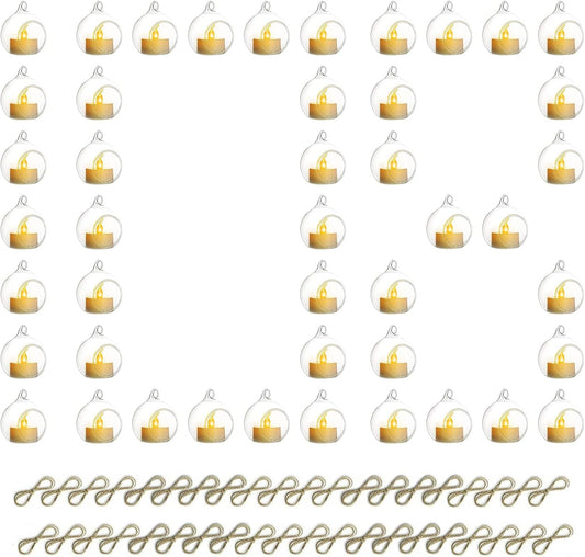 108 Pcs Mini Hanging Tealight Holder with LED Candles, 2.36in Hanging Glass Globes Candle Holder, Hanging Glass Terrarium Glass containers for Wedding Party Tree Decoration (Contains LED Candles)-VerdiqueGarden