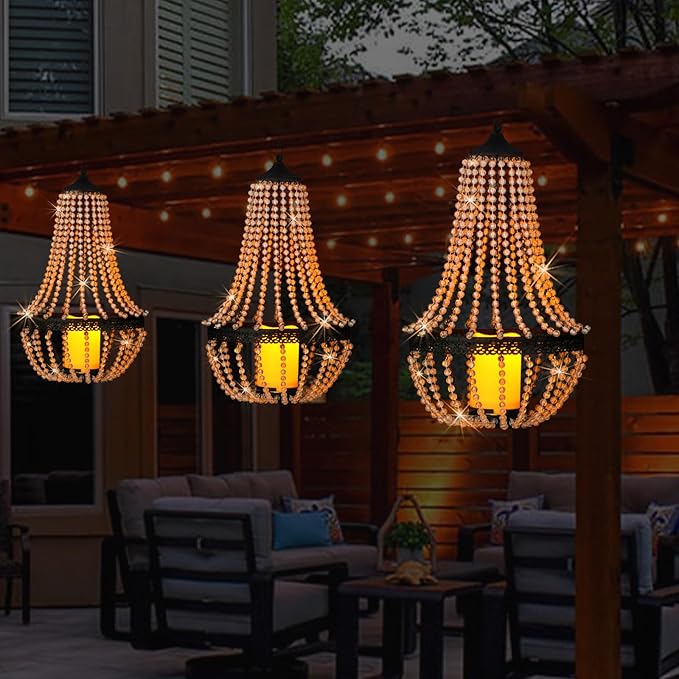 Hanging Candle Lantern, 27” Battery Operated Modern Clear Acrylic Crystal Chandeliers with Flickering Yellow Led Candle Light S Hooks for Garden, Backyard, Gazebo, Room Indoor Outdoor Decor-VerdiqueGarden