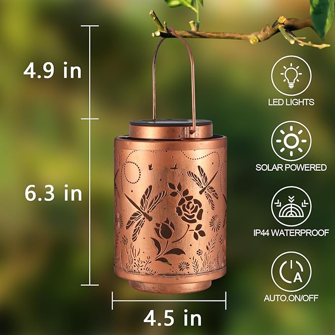 Solar Outdoor Lanterns, Dragonfly Garden Decor LED Light Hanging Waterproof Solar Metal Lantern Birthday Gifts for Women Mon Grandma Sunflower Solar Lights Outdoor Decoration for Patio Pathway Yard-VerdiqueGarden