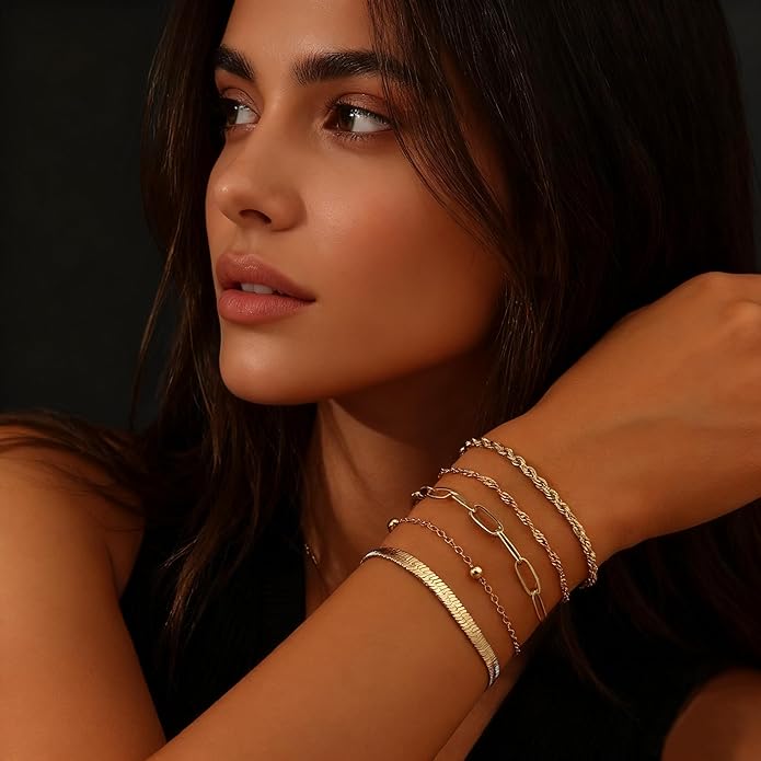 Gold Bracelets for Women, 18K Gold Plated Dainty Paperclip Link Chain Bracelets Thin Cute Stackable Bracelet Pack Fashion Accessories Gifts for Women
