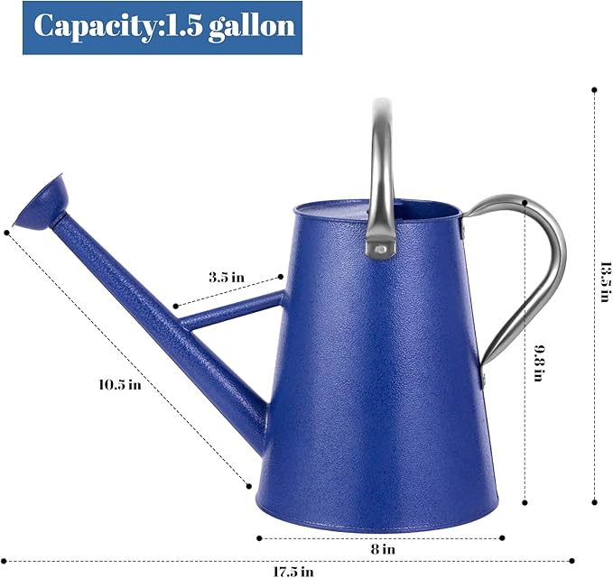 1.5 Gallon Watering Can for Outdoor Plants,Large Metal Plant Watering Pot with Removable Spout,Flower Garden Water Can Watering Pot,Galvanized Steel Watering Can with Stainless Steel Handles，Navy-VerdiqueGarden