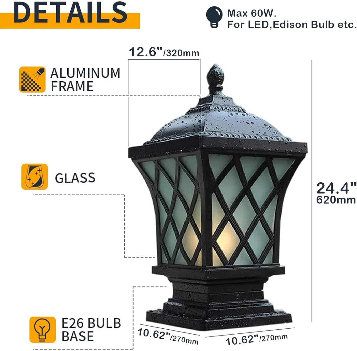 Outdoor Column Lights, 24.4″ Modern Column Lamp IP54 Waterproof Glass Post Light Outdoor E26 Aluminum Fence Post Light Fixtures for Villa Garden Park Lighting Black Pillar Lights-VerdiqueGarden