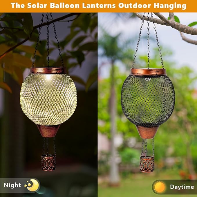 Starsoul 2 PC Cage Hot Air Balloon Solar Lantern with Flame Glass Outdoor Hanging Hot Air Balloon Solar Light Lamp Waterproof Garden Patio Yard Party Decorations-VerdiqueGarden