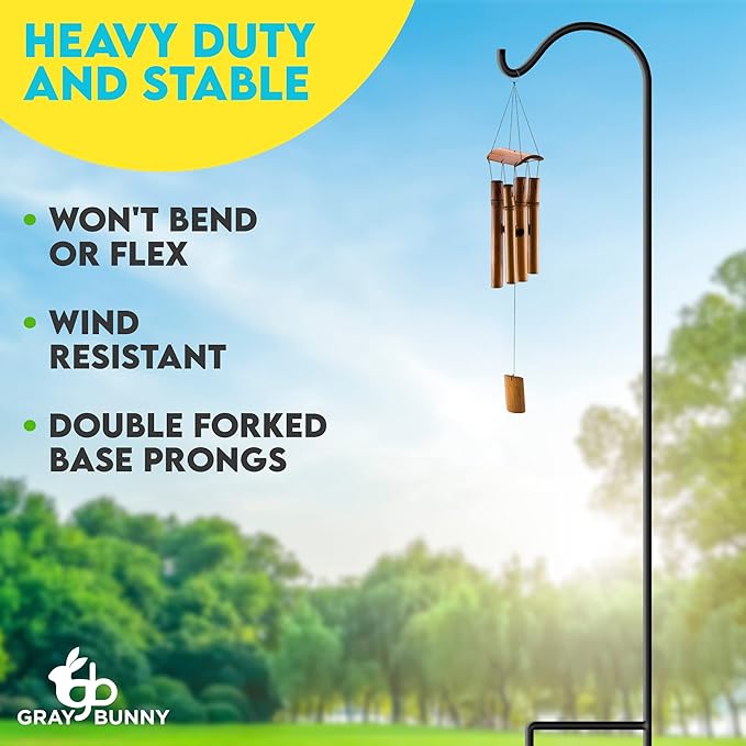 Gray Bunny 65" Shepherds Hooks for Outdoor 1 Pack, Thick Bird Feeder Pole, Hanging Plant Stand, Shepherds Hook for Bird Feeder, Non-Hollow, Non-Adjustable, Extra Long Base Prongs-VerdiqueGarden