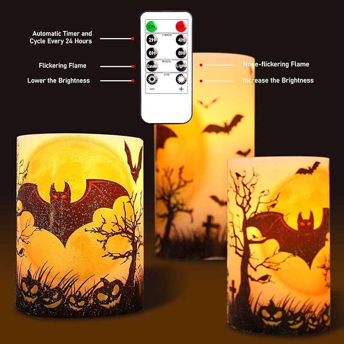 Halloween Decorations LED Candles with Bats Moon Big House Pumpkin Battery Operated Remote Timer Dim Glitter Design Real Wax Realistic Flickering Flameless Pillar for Horror Spooky Decor-VerdiqueGarden