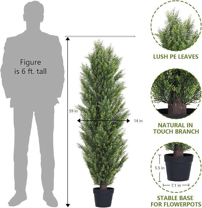 THE BLOOM TIMES 5ft Topiary Trees Artificial Outdoor – UV Resistant Faux Cedar Pine Cypress Bushes and Shrubs, Fake Potted Plants for Front Porch Outside Planter Patio Decor, Set of 2 (5 Foot)-VerdiqueGarden