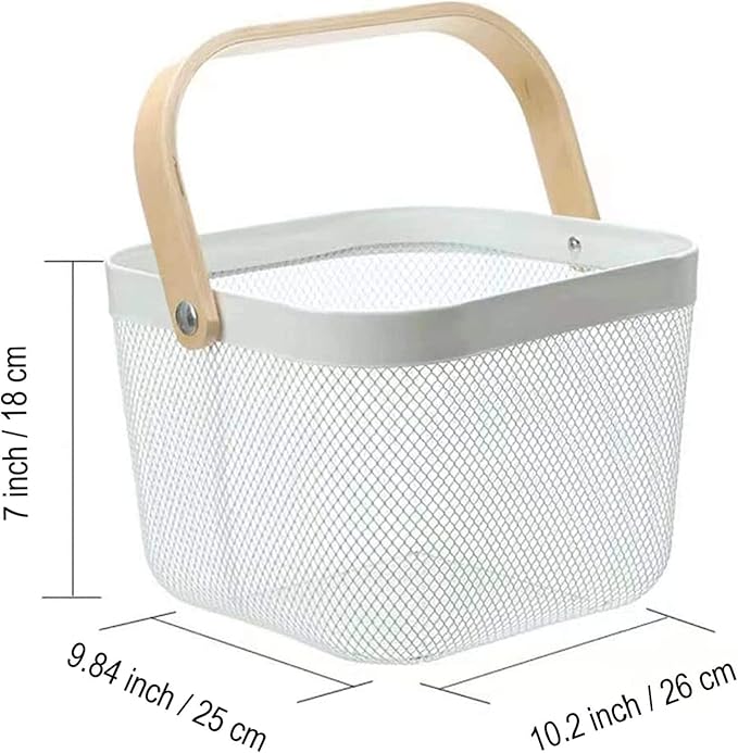 Metal Mesh Steel Basket, Storage Organizer Basket Multi-functional Hanging Kitchen Baskets Fruit Basket Bin with Bamboo Handle for Kitchen Bathroom Picnic Shopping Decor Cabinet Home, White-VerdiqueGarden