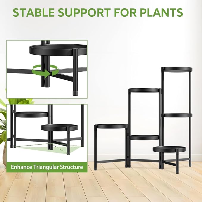 iDavosic.ly 6 Tier Large Plant Stand Indoor with 10 Inch Wide Tray, Tiered Corner Metal Outdoor Flower Display Holder Shelf, Folding Tall Rack for Patio Porch Living Room, Modern Black-VerdiqueGarden