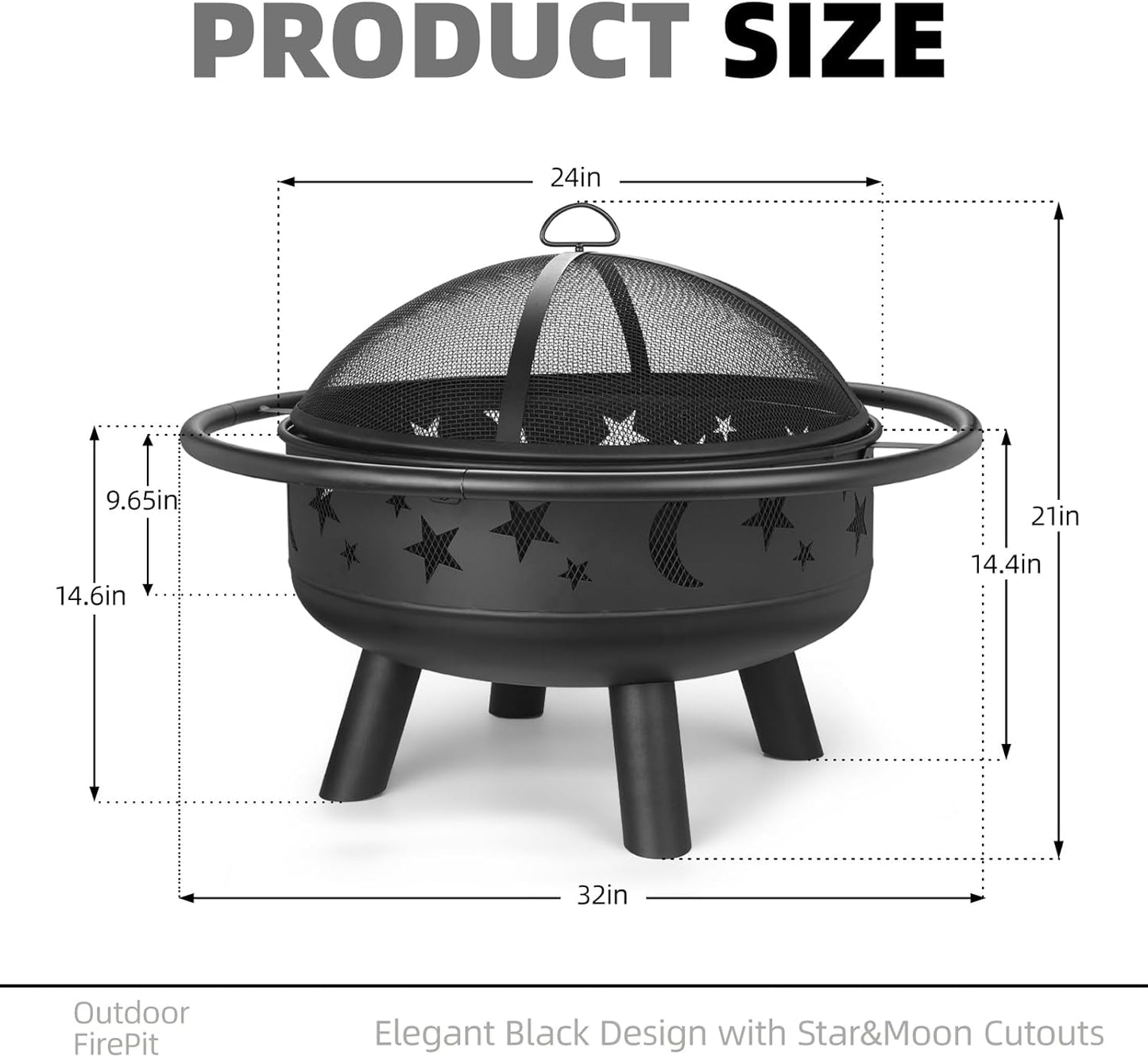 32" Round Wood Burning Fire Pit with Mesh Cover, Fire Poker, Star & Moon Cutouts, Metal Outdoor Firepit for Patio, Backyard, Garden, Bonfire, Camping, Christmas, Thanksgiving, Halloween-VerdiqueGarden