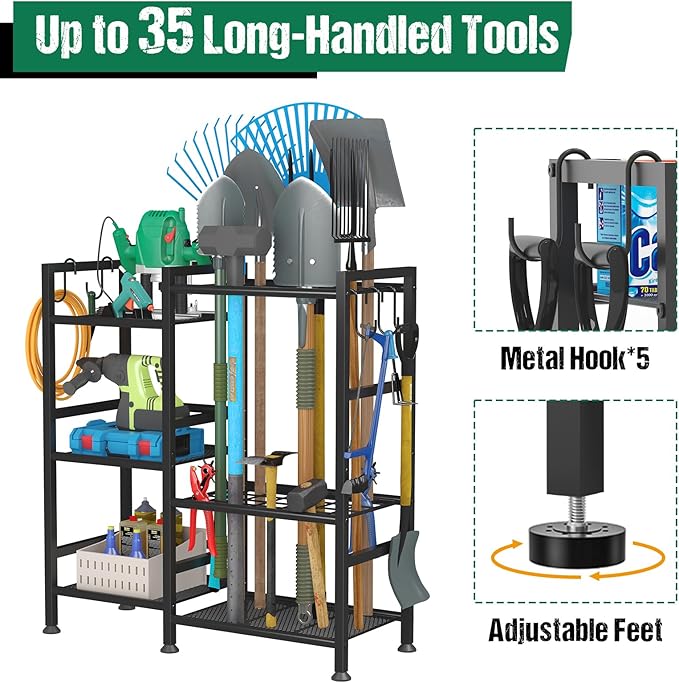 keomaisyto Garden Tool Organizer for Garage Organization, 3 Tier Yard Tool Storage Rack with 35 Long-Handled Tool Slots, Heavy Duty Garden Tool Holder with Large Hooks for Shed, Yard, Garage-VerdiqueGarden