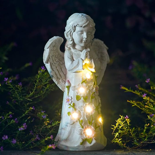Nacome Solar Garden Outdoor Statues Angel with Succulent and 7 LED Lights – Lawn Decor for Patio, Balcony, Yard Ornament - Unique Housewarming Gifts-VerdiqueGarden