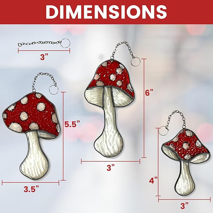 SENSORY4U Fly Agaric Hand-Painted Mushroom Stained Glass Suncatcher 3-Pack - Moon and Toadstool Window Hanging Ornaments - Nature-Inspired Home Décor for Plant and Mushroom Lovers-VerdiqueGarden
