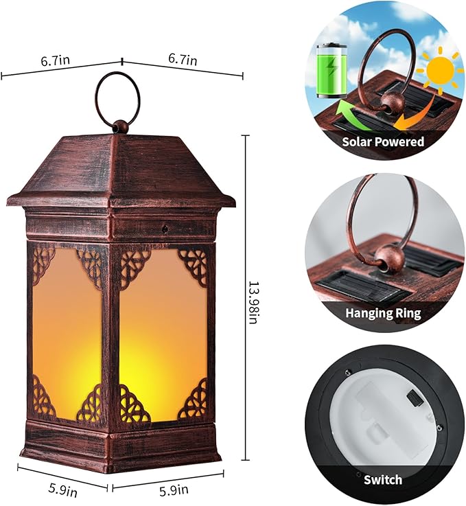 14" Solar Lanterns Outdoor Waterproof, Glass Flickering Flame Solar Lantern, Hanging Metal Lantern Decorative for Patio Front Porch Garden Backyard Tabletop Party Decoration-VerdiqueGarden