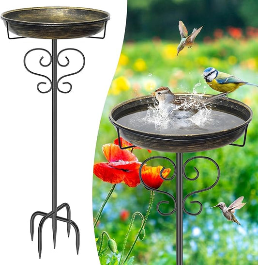 Bird Bath for Outside,Freestanding Metal Bird Bath Feeder with Heavy Duty 5 Prong Stake, Garden Birdbath Birdfeeder Bowl for Yard Lawn Patio Decor (Vintage Gold)-VerdiqueGarden