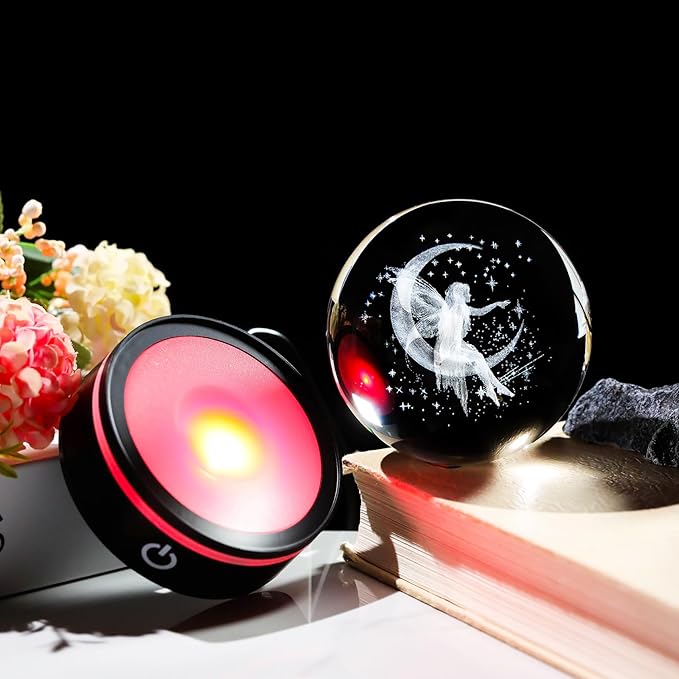 YWHL 3D Crystal Moon Figurine with Colorful LED Base, Laser Fairy Gifts for Women Girls on Christmas Birthday, Glass Globe Decorative Ball for Fairy Lovers Home Decor (80mm)-VerdiqueGarden
