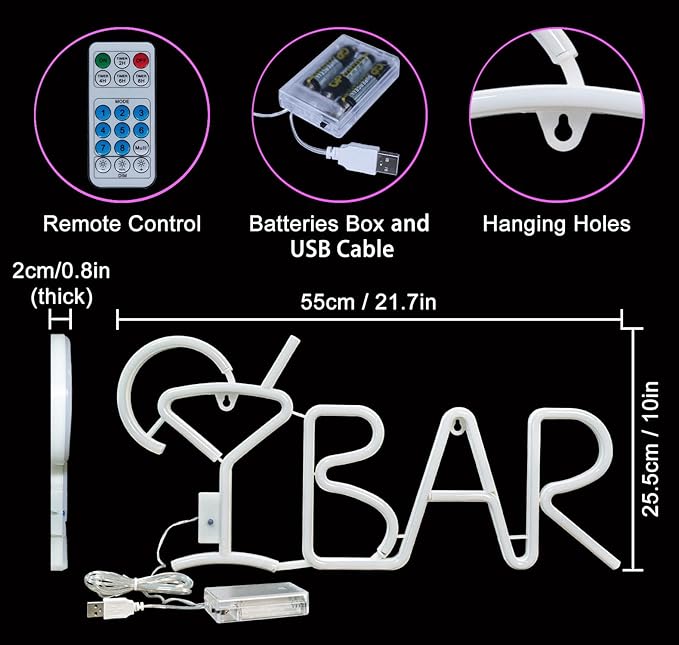 iKefe Neon LED Signs Bar Letter Light Up Beer with Remote/Blue Cocktail Glass Pink LED, USB & Battery Operated Bar Light for Home Bar, Business, Pub, Bistro, Halloween Party, Wall Art Decorations-VerdiqueGarden