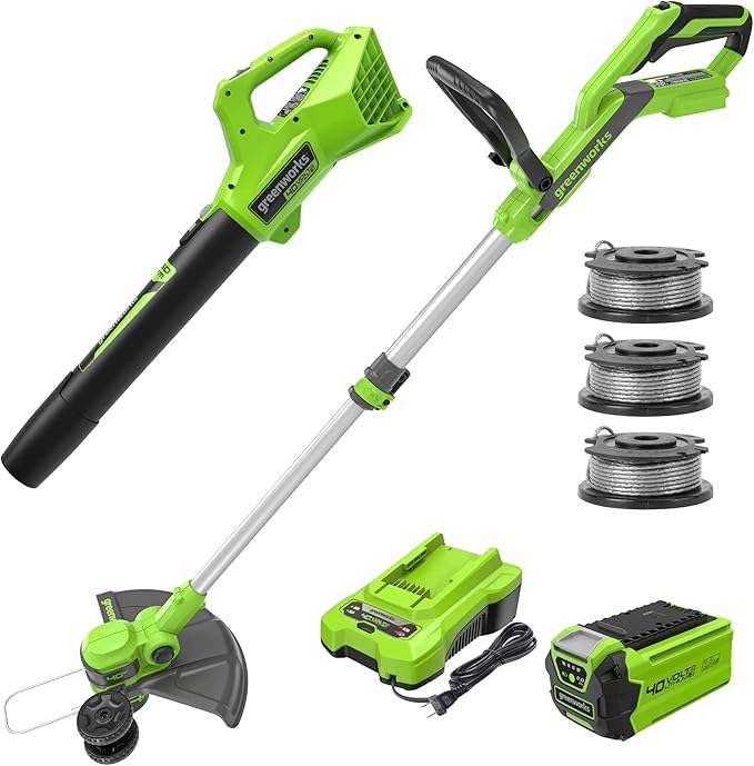 Greenworks 40V 13-Inch Cordless String Trimmer/Edger and Leaf Blower Combo Kit + 3 Bonus Spools, 2.0Ah Battery and Charger Included-VerdiqueGarden
