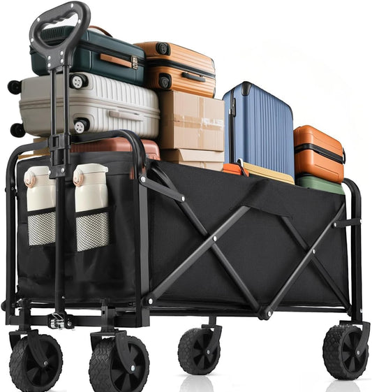 Collapsible Wagon Cart Foldable 37" L 480lbs Capacity, Heavy Duty Beach Wagon, Shopping Carts with Wheels for Grocery, Camping, Shopping, Beach, Fishing, Garden Cart-VerdiqueGarden