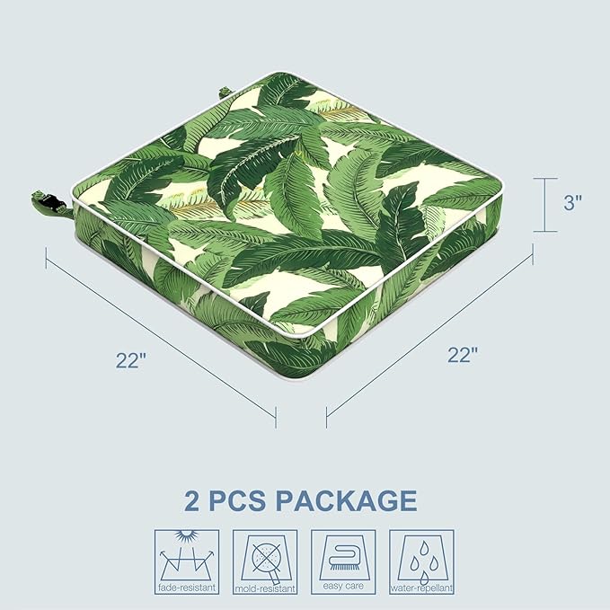 LVTXIII Patio Chair Cushions 22"x22"x3", Water-Repellent Outdoor Seat Cushions for Patio Furniture, Square Chair Pads with Ties for Home Garden Decoration, Set of 2, Swaying Palms Green-VerdiqueGarden