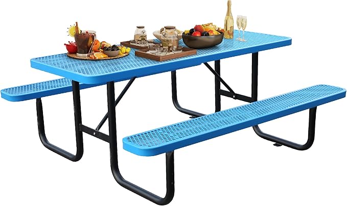 6FT Metal Picnic Tables for Outdoors, Commercial Rectangular Picnic Table and Bench Set for Outside, Patio, Garden, Backyard, Porch, Surface Mount, Blue-VerdiqueGarden