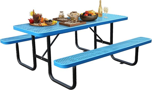 6FT Metal Picnic Tables for Outdoors, Commercial Rectangular Picnic Table and Bench Set for Outside, Patio, Garden, Backyard, Porch, Surface Mount, Blue-VerdiqueGarden