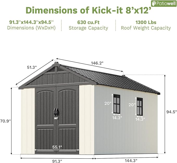 Patiowell 8 x 12 FT Resin Outdoor Storage Shed with Floor, Large Shed with Light and Lockable Door for Garden, Backyard, Tool Storage Use, Easy to Install in Beige (Kick-it Shed)-VerdiqueGarden