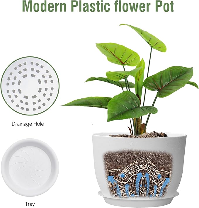 12 inch Large Plant Pots, Plastic Planters with Drainage Holes and Saucers, Flower Pots for Indoor Outdoor Plants, Modern Decorative Pots for Garden House Plants, White-VerdiqueGarden
