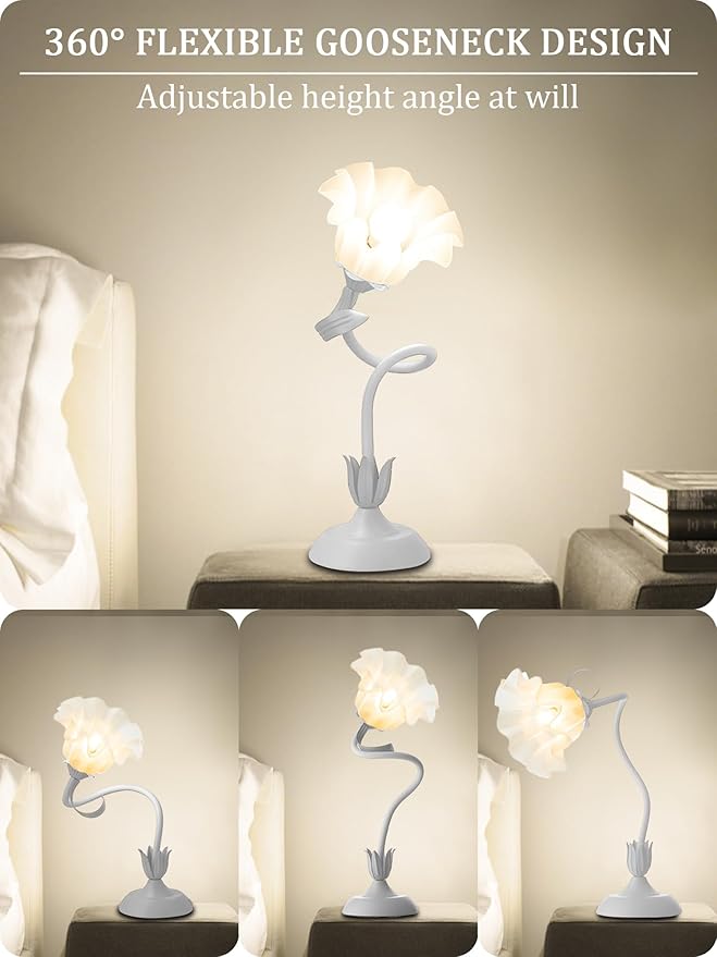 Flower Table Lamp,LED Reading Light Bedside Vintage Flower Night Light,3 Colors Modes Kawaii Bedside Lamps Decor,Living Room Bedroom Room Lighting Table Lamps Home Decoration (White)-VerdiqueGarden