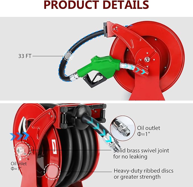 Fuel Hose Reel with Fueling Nozzle, 1" x 33FT Retractable Diesel Hose Reel, 300 PSI Industrial Heavy Duty Auto Swivel Rewind Hose Holder Reels, for Vehicle Tank Truck Trailer Ship-VerdiqueGarden