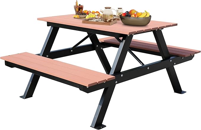 4FT Outdoor Picnic Table and Bench Set with 2" Umbrella Hole, WPC Tabletop Seattop Patio Dining Set for 4 People, Outdoor Dining Table and Chair for Park Garden Yard Patio- Brown-VerdiqueGarden