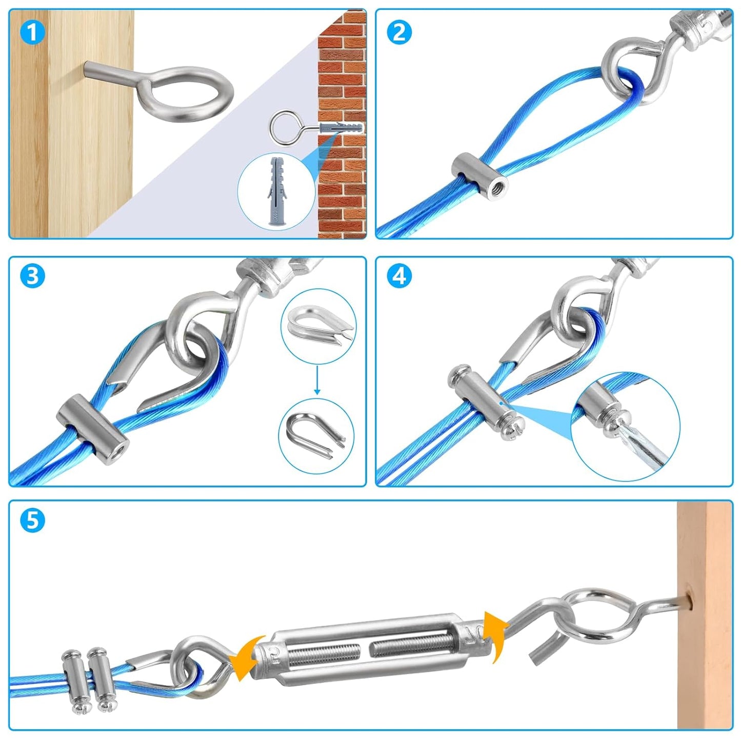 Turnbuckles for Cables Wire, 1/8" X 100Ft Blue PVC Coated Wire Rope Kit, Multi-use Steel Cable for Grape Vines/Clothes Line Outdoors for T Post/String Light Hanging/Garden Wire-VerdiqueGarden
