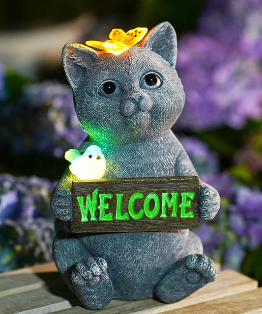 Solar Cat Figurine Garden Statues : Outside Welcome Cat Statue with Butterfly for Garden Decor and Yard Decorations - Unique Gifts for Women and Mom-VerdiqueGarden