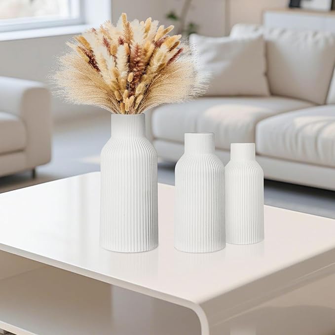 Ceramic Vase Set of 3, White Vase for Modern Home Decor, Decorative Vases for Bouquet Pampas Grass Dried Flowers, Living Room, Bedroom, Bathroom, Shelf Centerpiece Table Decorations-VerdiqueGarden