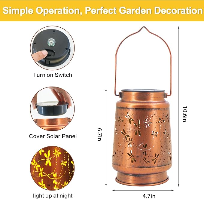 2 Pack Dragonfly Solar Lantern Lights Outdoor Decor, Hanging Metal Decorations Waterproof with LED Light, Landscape Lights for Garden Patio Yard Lawn Backyard Front Porch Gifts for Mom Grandma-VerdiqueGarden