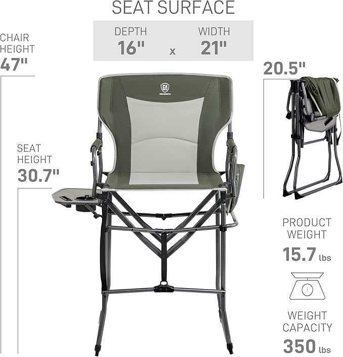 EVER ADVANCED Portable 30.7" Seat Height Tall Folding Camping Chair Directors Chair High Foldable Bar Stool with Side Table for Makeup Artist, Sports Event, Craft Show, Supports 350LBS Green Grey-VerdiqueGarden