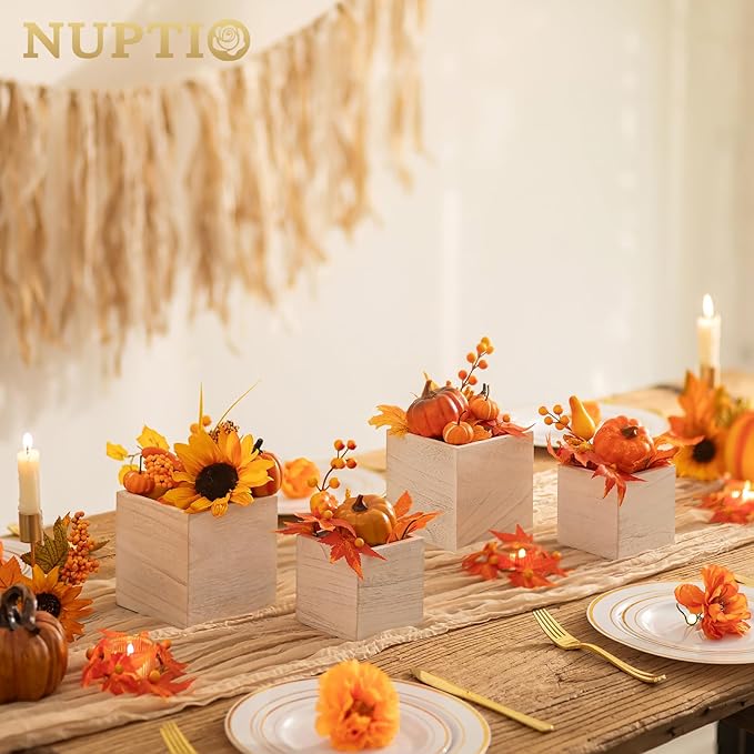 NUPTIO Wooden Box for Centerpiece Wedding: 6 Pcs Rustic Square Planter Box FarmhouseTable Fall Decor - 4×4" & 5×5" Whitewashed Small Wood Vases Flower Pots for Windowsill Home Garden-VerdiqueGarden